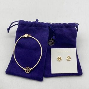 Tory Burch Gold-Tone Logo Bracelet and Stud Earrings Set with Navy Dust Bags